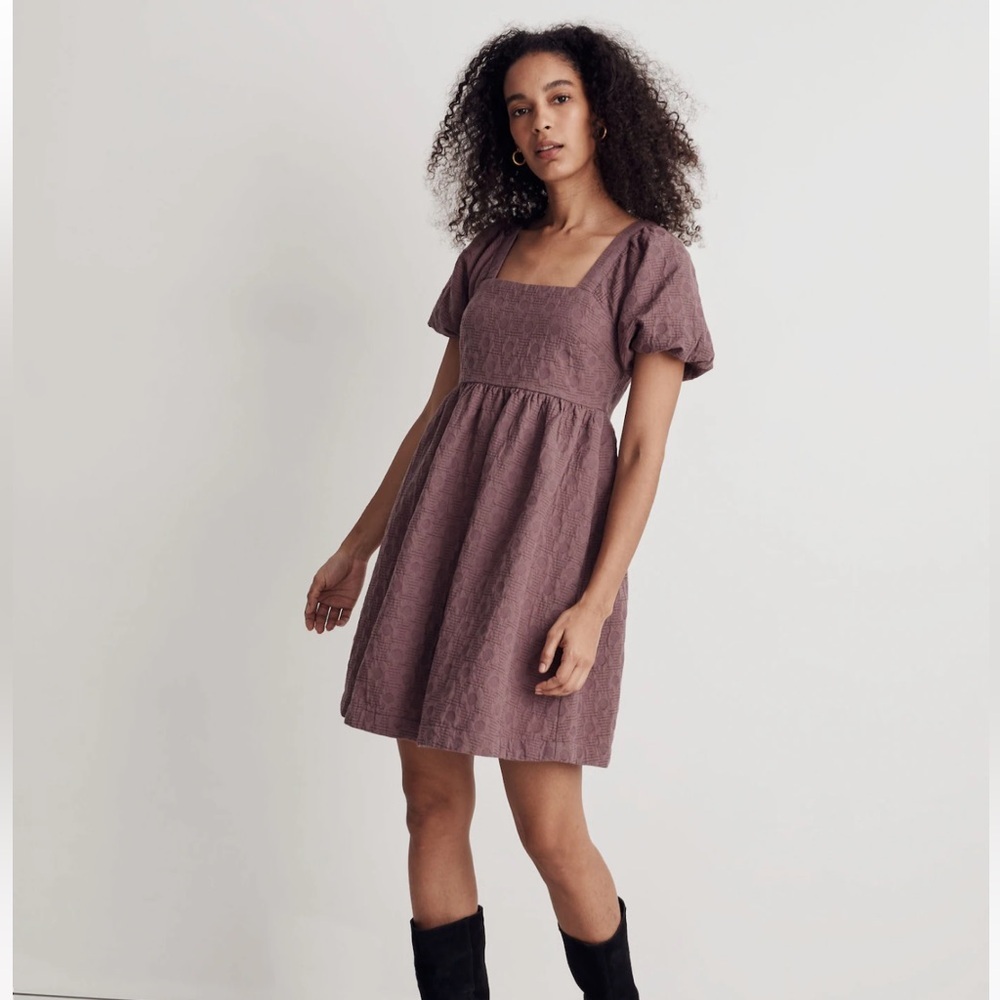 Madewell Quilted Puff-Sleeve Mini Dress in Fig Multi Jaq XXS